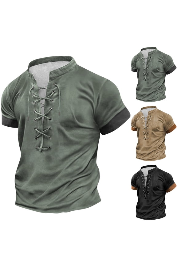 Men's Vintage Short Sleeve Lace Up Shirts for Renaissance Pirate Viking Medieval Costume Solid Color Plus Size Muscle Shirts Big and Tall Stand Collar Shirt Tops