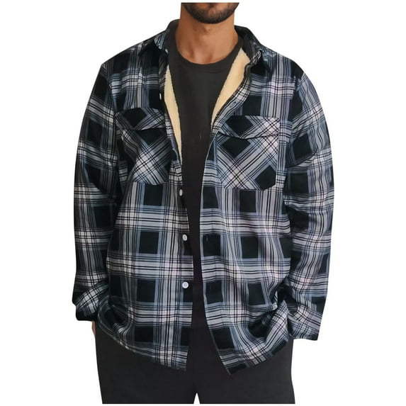 ZRGHAOYLQ Men's Warm Sherpa Lined Fleece Plaid Flannel Shirt Long Sleeve Plaid Fuzzy Lapel Collar Jacket with Pockets Button Down Winter Shirts for Men