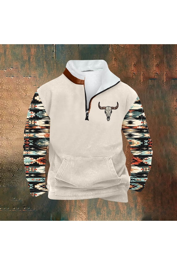 Men's Western Cowboy Shirt Big And Tall Long Sleeve T Shirt Aztec Tribal Ethnic Men's Western Sweatshirt 1/4 Zip Stand Up Collar Sweatshirts Patchwork Pullover with Pockets