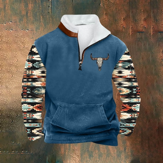 ZRGHAOYLQ Men's Western Cowboy Shirt Big And Tall Long Sleeve T Shirt Aztec Tribal Ethnic Men's Western Sweatshirt 1/4 Zip Stand Up Collar Sweatshirts Patchwork Pullover with Pockets