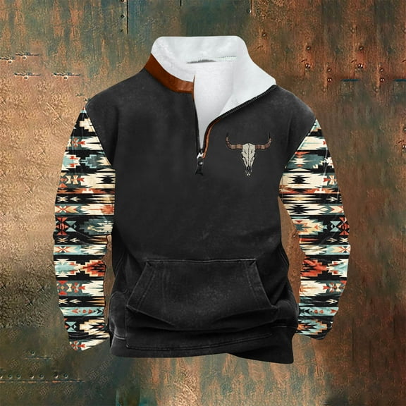 ZRGHAOYLQ Men's Western Cowboy Shirt Big And Tall Long Sleeve T Shirt Aztec Tribal Ethnic Men's Western Sweatshirt 1/4 Zip Stand Up Collar Sweatshirts Patchwork Pullover with Pockets