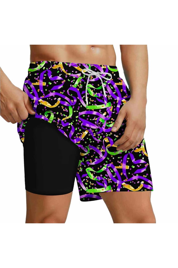 Mens 2 in 1 Double Layer Swimming Trunks 5 Inch Drawstring Elastic Waist Boardshorts Quick Dry Breathable Summer Vacation Beach Swimming Trunks with Pockets