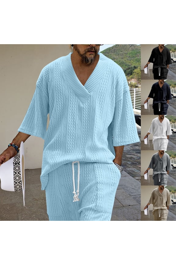 Mens 2 Piece Cable Knit Tracksuit Loose V Neck Short Sleeve Tops and Drawstring Pants Casual Textured Outfit Sets