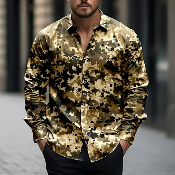 ZRGHAOYLQ Mens Army Camo Shirts Big and Tall Button Down Shirt Tops Vintage Camouflage Print Shirt Casual Lapel Collar Shirts