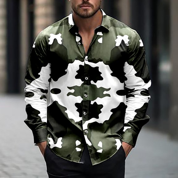 ZRGHAOYLQ Mens Army Camo Shirts Big and Tall Button Down Shirt Tops Vintage Camouflage Print Shirt Casual Lapel Collar Shirts