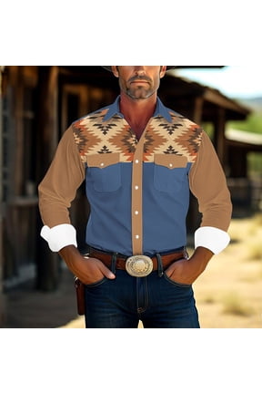 Mens Aztec Button Down Shirt Long Sleeve Lapel Collar Shirt Tops Plus Size Color Block Patchwork Shirts Jackets Big and Tall Western Cowboy Cotton Shirts