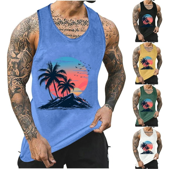 ZRGHAOYLQ Mens Beach Tank Tops Loose Fit Palm Tree Sleeveless Graphic Tees Big and Tall Scoop Neck Workout Shirts Holiday Vacation Top Mens Tank Tops Under 10