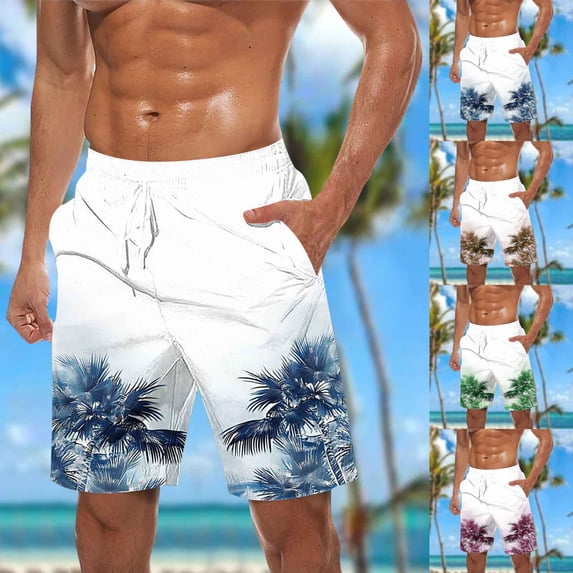 ZRGHAOYLQ Mens Big and Tall Summer Beach Shorts 7 Inch Elasit Waist Drawstring Swim Trunks Breathable Lightweight Casual Shorts Palm Tree Print Shorts with Pockets