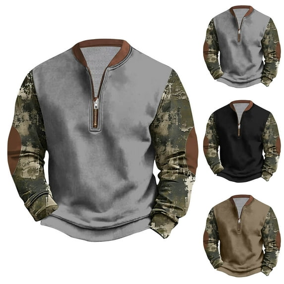 ZRGHAOYLQ Mens Big And Tall Western Cowboy Shirts 5xlt 4xlt Quater Zip Collared Sweatshirt Workout Pullovers Camo Oversized Shirts Tops Color Block Patchwork Sweatshirts