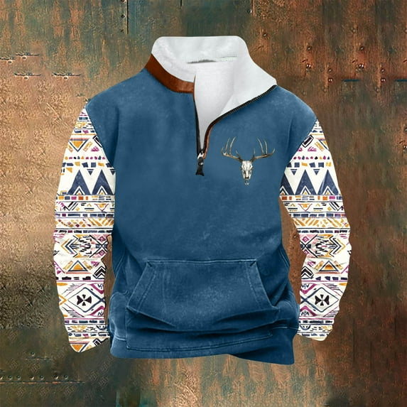 ZRGHAOYLQ Mens Big And Tall Western Cowboy Shirts 5xlt 4xlt Quater Zip Stand Collar Workout Pullover Shirts Oversized Aztec Sweatshirt Color Block Patchwork Sweatshirts with Pockets