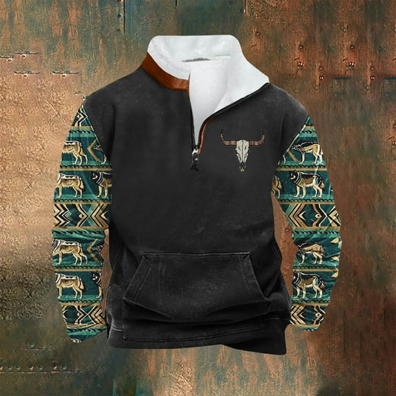 ZRGHAOYLQ Mens Big And Tall Western Cowboy Shirts 5xlt 4xlt Quater Zip Stand Collar Workout Pullover Shirts Oversized Sweatshirt Color Block Patchwork Sweatshirts with Pockets