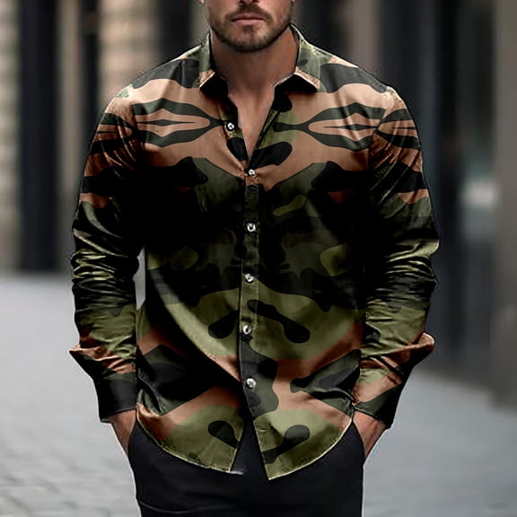 ZRGHAOYLQ Mens Big and Tall Camo Shirts Button Down Shirts Casual Loose Blouses Tops Retro Camouflage Print Shirt Casual Long Sleeve Lapel Shirt
