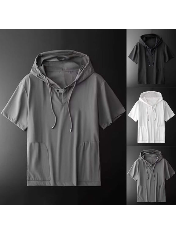 Mens Big and Tall Casual Hooded Shirts Short Sleeve Solid Color Hoodies Lightweight Breathable Thin Style Tshirts with Drawstring