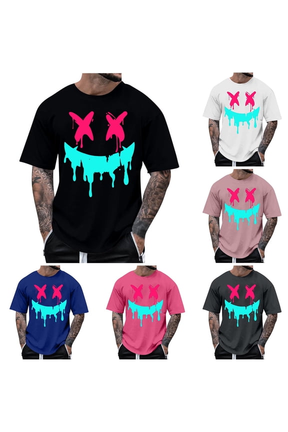 Mens Big and Tall Halloween T Shirts Short Sleeve Funny Smile Print Tshirts Loose Fit Fall Summer Wear Tees Crewneck Tops Shirt for Men