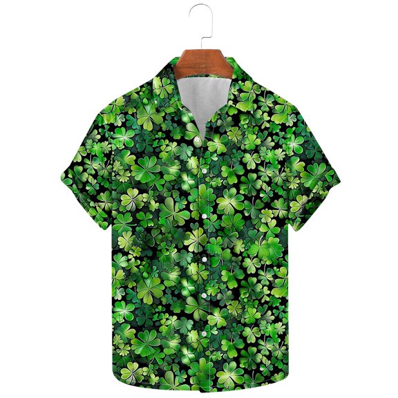 ZRGHAOYLQ Mens Button Down Shirts Plus Size Short Sleeve Wrinkle Free Shirt Green Shamrock Print Casual Shirts Lightweight Hawaiian Holiday Tops for St. Patrick's Day