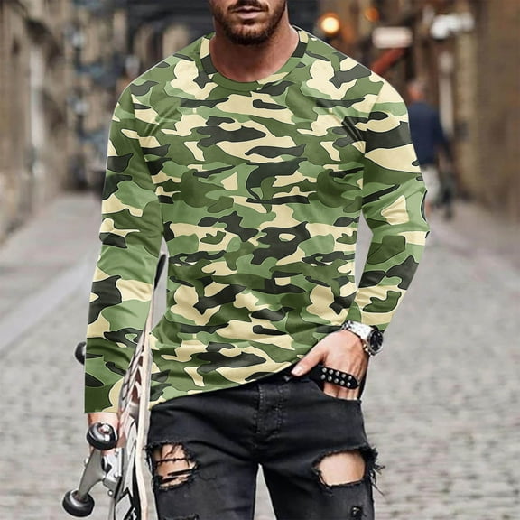 ZRGHAOYLQ Mens Camo Shirts Long Sleeve Camouflage T-shirts Plus Size Big Tall Pullover Slim Fit Crewneck Workout Muscle Shirts Tops Army Green M