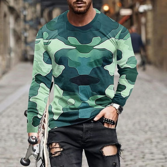 ZRGHAOYLQ Mens Camo Shirts Long Sleeve Camouflage T-shirts Plus Size Big Tall Pullover Slim Fit Crewneck Workout Muscle Shirts Tops