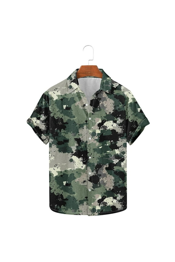 Mens Camo Short Sleeve Button Down Shirts Plus Size Big and Tall Camouflage T-shirts Lapel Collar Shirts Pullover Tops
