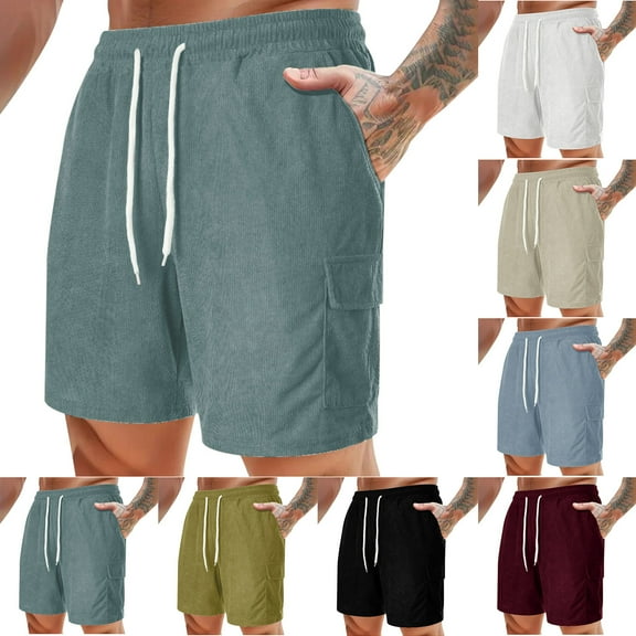 ZRGHAOYLQ Mens Corduroy Cargo Shorts Casual Solid Color Pocket Shorts Lightweight Ripstop Cargo Shorts for Men,Fashion Streetwear Plus Size Drawstring Elastic Waist Pants