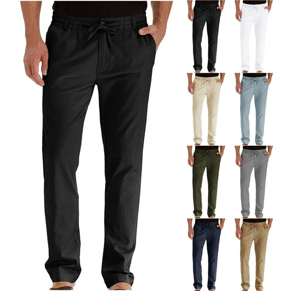 ZRGHAOYLQ Mens Cotton Linen Pants Slim Fit Business Trousers Elastic Waist Drawstring Pants Loose Fit Straight Leg Pants with Pockets