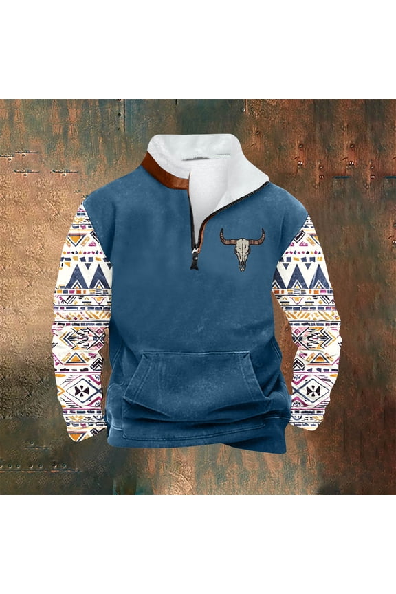Mens Cowboy T Shirts Western Aztec Ethnic Pattern Patchwork Sweatshirts Big and Tall Oversized Sweatshirt Quater Zip Stand Collar Workout Pullover Shirts