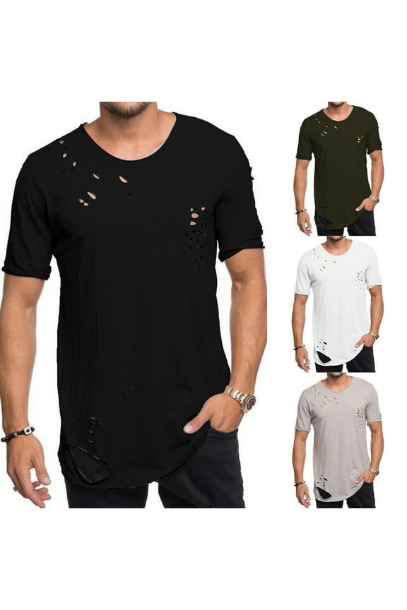 Mens Distressed Ripped T Shirt Trendy Short Sleeve Tshirts with Stylish Holes Casual Fashion Shirts for Summer Crewneck Tops