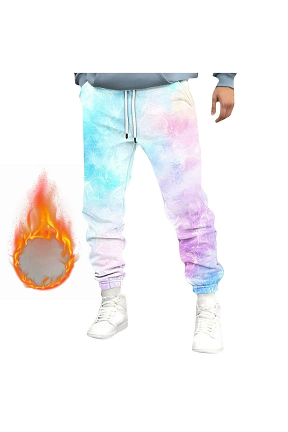 Mens Fleece Joggers Fashion Tie Dye Sweatpants Loose Fit Thermal Tapered Pants Athletic Workout Gym Running Pants Drawstring Elastic Waist Trousers with Pockets