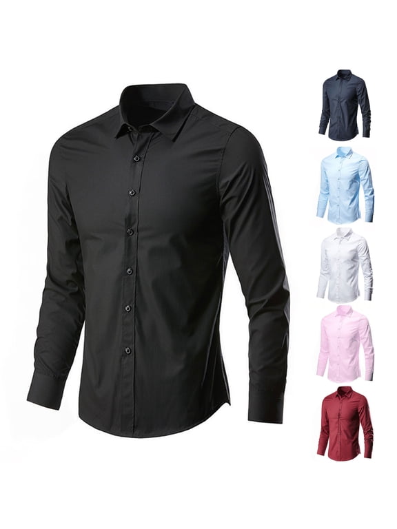 Mens Formal Dress Shirts Long Sleeve Button Down Shirt Lapel Collar Slim Fit Business Blouse Wrinkle Resistant Office Tops for Wedding Interview