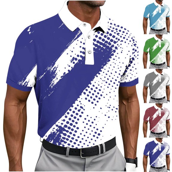 ZRGHAOYLQ Mens Golf Shirts Short Sleeve Print Casual Golf Shirt Lapel Collar Geometric Dot Color Block Shirt Button Up Casual Business Tops
