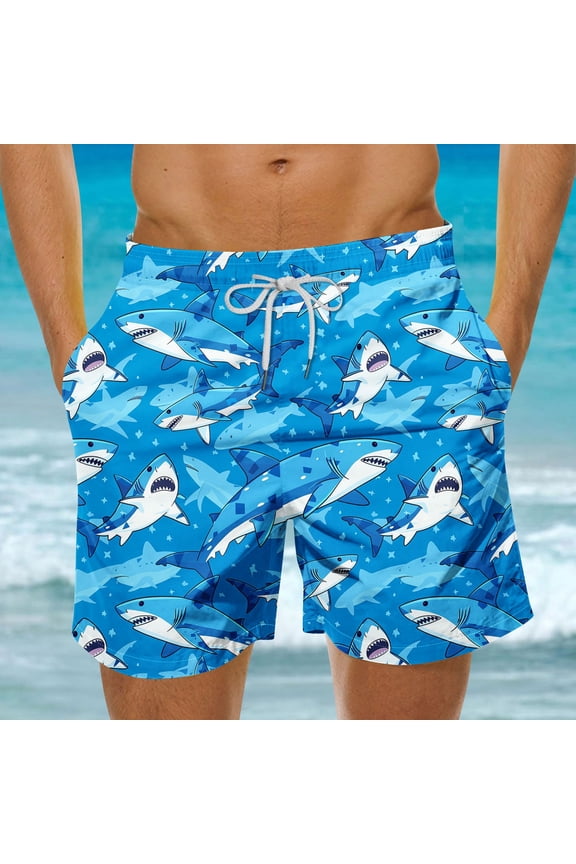 Mens Hawaiian Beach Swim Trunks Shark Print Drawstring Elastic Waist 7 Inch Inseam Shorts With Pockets