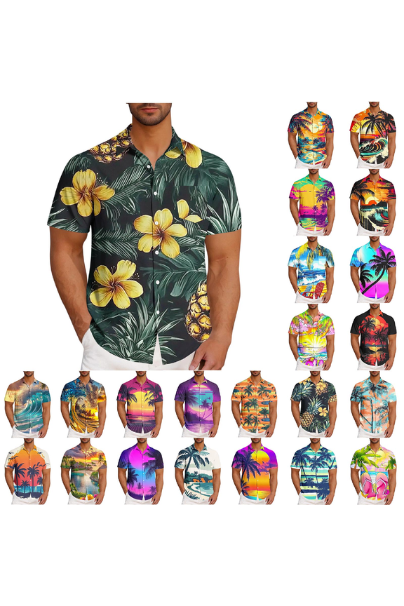 Mens Hawaiian Shirts Summer Beach Sunset Print Shirt Plus Size Short Sleeve Button Down Shirts Big and Tall Plus Size Vacation Shirts