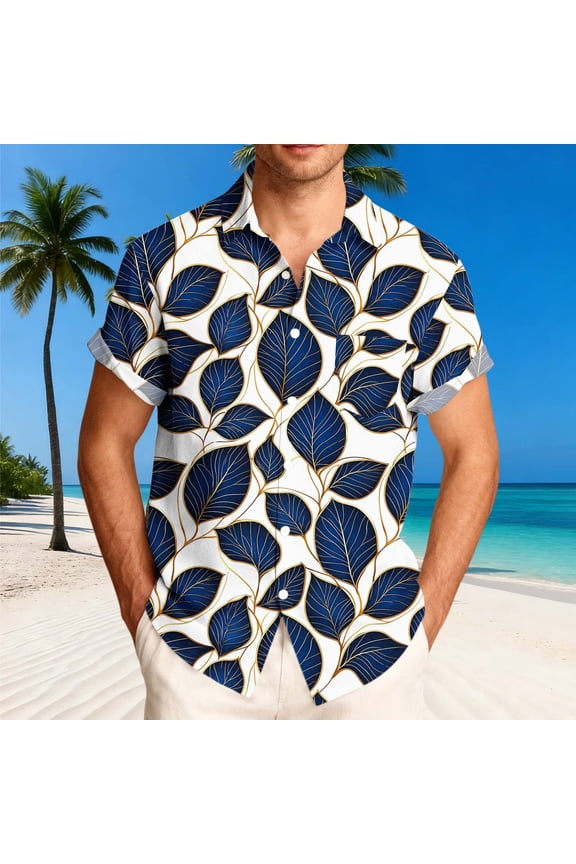 Mens Hawaiian Wedding Shirts Summer Short Sleeve Tops Button Down Floral Aloha Shirt Funny Tropical Leaf Printed Top Beach Resort Wear Holiday Party Shirts