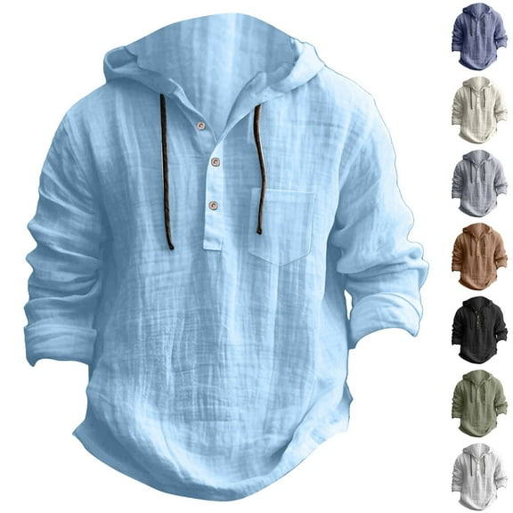 ZRGHAOYLQ Mens Henley Shirts with Hood Lightweight Cotton Linen Tops Casual Button Up Hooded Shirt Breathable Comfy Long Sleeve Hoodies 2025 Fall Blouse Top Black XL