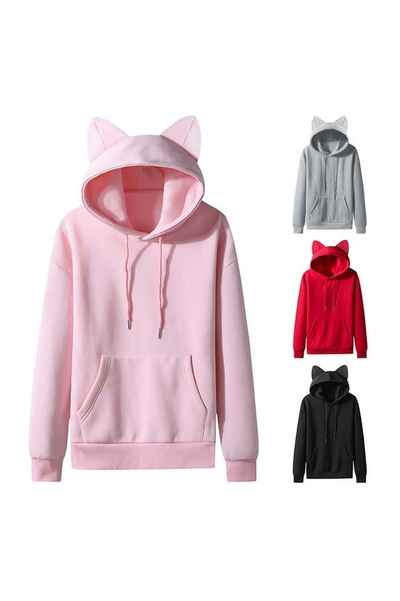 Mens Hoodies with Kangaroo Pocket Cute Cat Ear Hooded Sweatshirt Drawstring Long Sleeve Shirts Casual Solid Color Hoodie Tops 2025 Fall Winter Clothes Red S