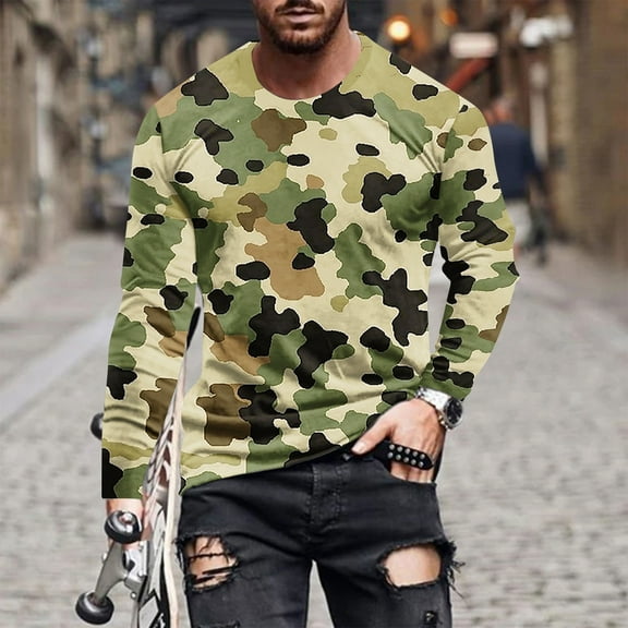 ZRGHAOYLQ Mens Long Sleeve Camo T Shirt with Crew Neck Big and Tall Plus Size Muscle Shirts Camouflage Millitary Tactical Shirt for Men