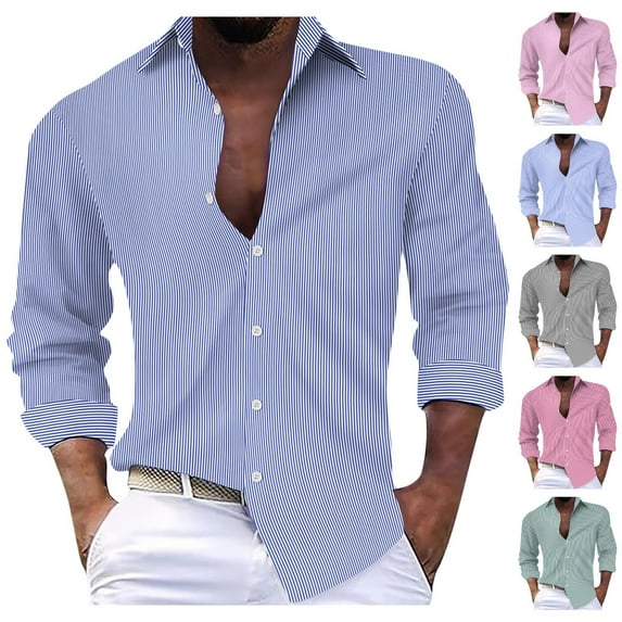 ZRGHAOYLQ Mens Long Sleeve Knit Striped Shirts Big and Tall Long Sleeve Button Down Shirt Open Front Turndown Collar Shirts Tops Plus Size Slim Fit Dress T Shirt