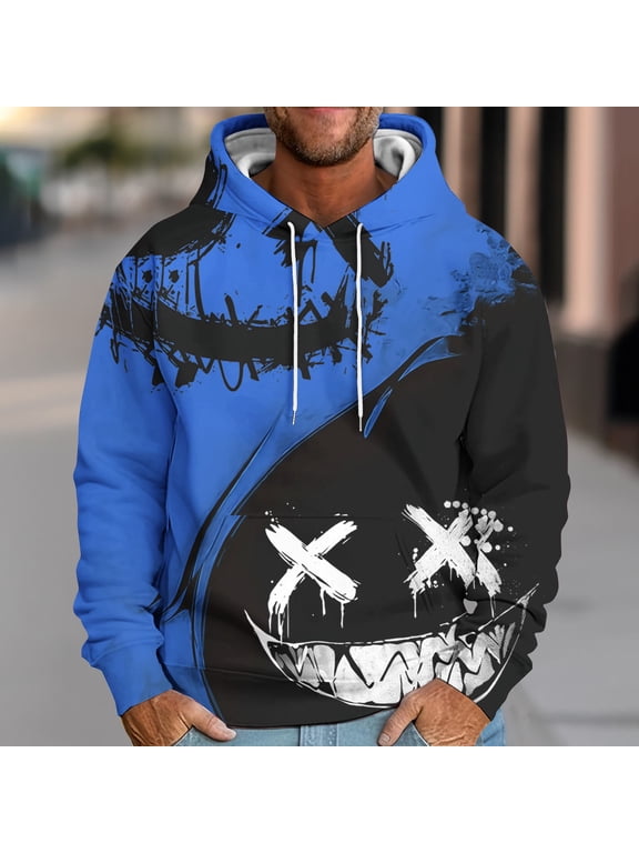 Mens Loose Fit Casual Hoodies Long Sleeve Drop Shoulder Pullover Hoodie Smiley Face Graffiti Print Sweatshirt with Drawstring Daily Hip Hop Hooded Top with Front Pockets
