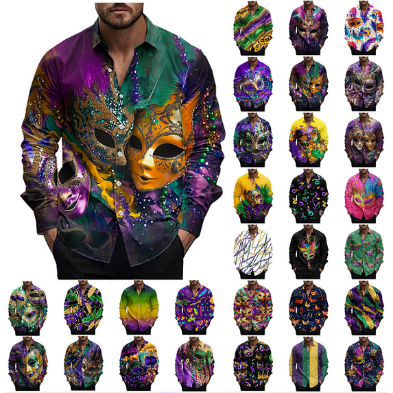 ZRGHAOYLQ Mens Mardi Gras Shirts Long Sleeve Fashion Mask Print Button Down Shirt Tuesday Carnival Party Blouse Tops Fashion Casual Lapel Shirts Limited Time Deals of Today