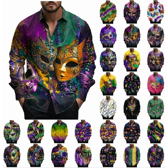ZRGHAOYLQ Mens Mardi Gras Shirts Long Sleeve Novelty Mask Graphic Button Down Shirt Tuesday Carnival Party Blouse Tops Fashion Casual Lapel Shirts