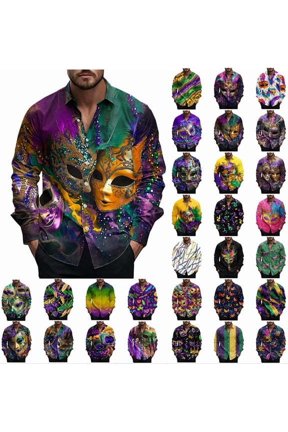 Mens Mardi Gras Shirts Long Sleeve Novelty Mask Graphic Button Down Shirt Tuesday Carnival Party Blouse Tops Fashion Casual Lapel Shirts