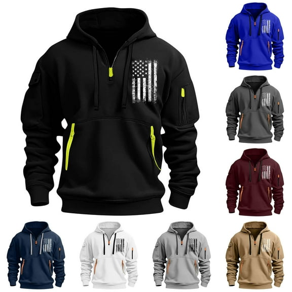 ZRGHAOYLQ Mens Oversized Sweatshirts Hoodies Big And Tall Long Sleeve Sweatshirt Trendy American Flag Print Pullover Tops Quarter Zip Hoodie Men Drawstring Shirts with Zipper Pockets