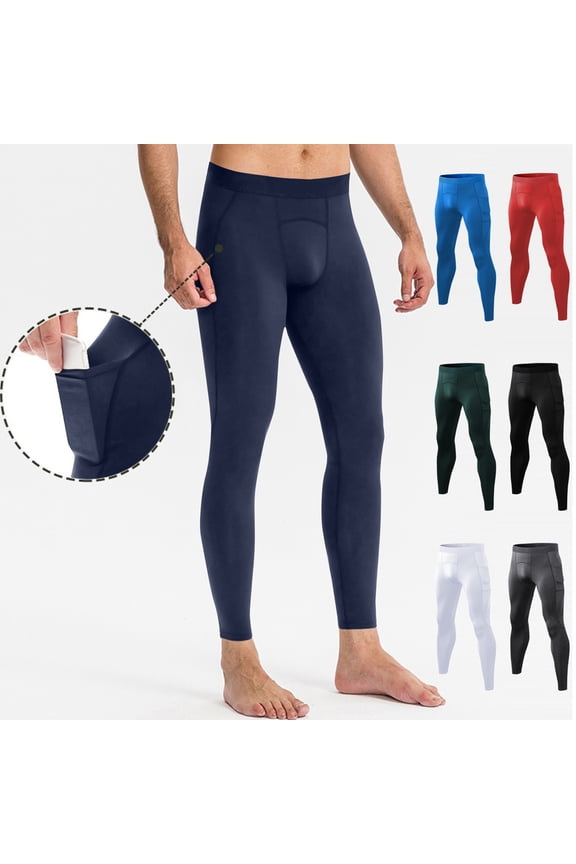 Mens Pants High Stretchy Athletic Basic Leggings Tight Fit Basketball Running Yoga Pants Soft Base Layer Thermal Pants with Side Pockets