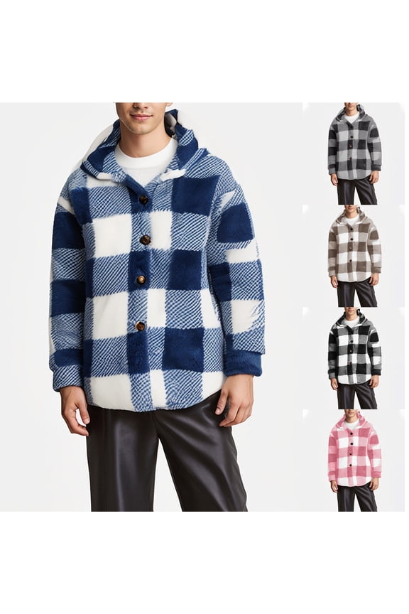 Mens Plaid Print Button Front Fleece Jacket Fuzzy Long Sleeve Shirts Jackets Button Down Outwear Big and Tall Oversized Coats with Hood