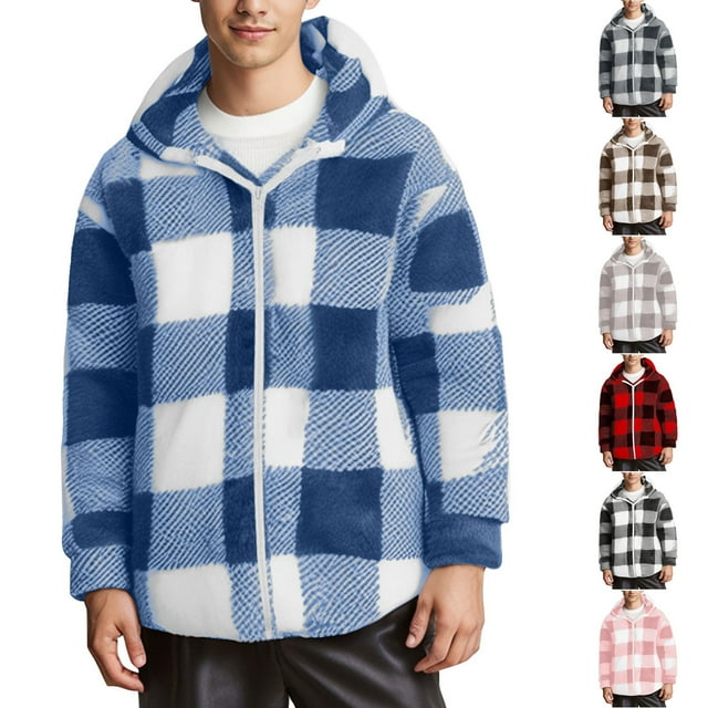 ZRGHAOYLQ Mens Plaid Print Button Front Fleece Jacket Fuzzy Long Sleeve Shirts Jackets Full Zip Up Outwear Big and Tall Oversized Coats with Hood