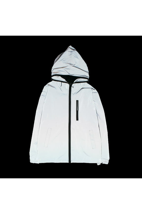 Mens Reflective Jacket for Night High Visibility Sports Coats Outdoor Camping Hiking Windbreaker Long Sleeve Hiphop Hoodies with Pocket Gray XL