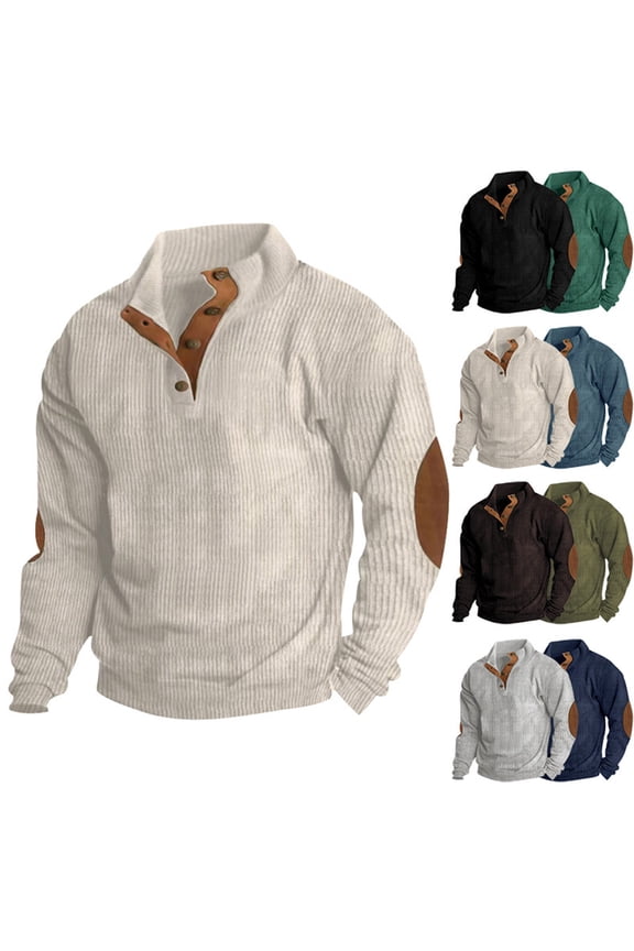 Mens Retro Sweatshirts Long Sleeve Elbow Patch Shirts Half Button Front Stand Collar Shirt Slim Fit Color Block Casual Tops