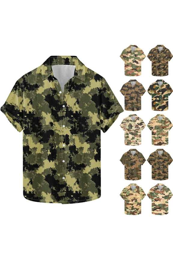 Vintage Camo T Shirt Mens Short Sleeve Camouflage Tees Big and Tall Button Down Shirts Plus Size Millitary Tactical Shirt Tops for Hiking