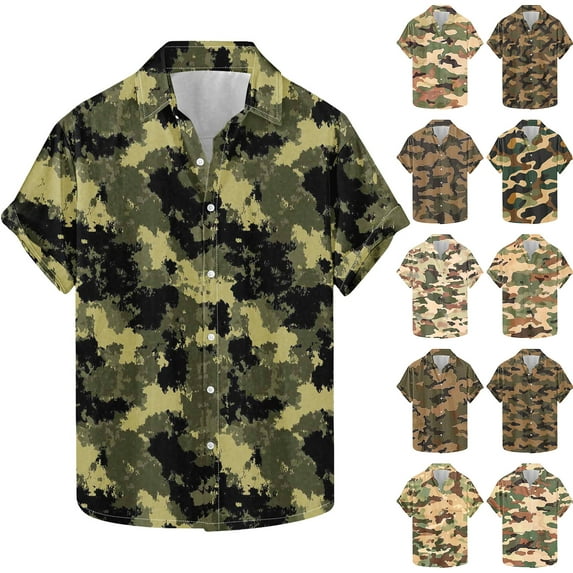 ZRGHAOYLQ Mens Short Sleeve Camo Tee Shirts Big and Tall Plus Size Button Down Shirts Vintage Camouflage Print Casual Lapel Shirt Tops Millitary Tactical T-shirts