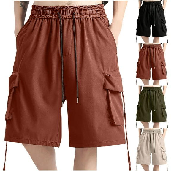 ZRGHAOYLQ Mens Shorts Clearance Cargo, Men Casual Shorts Men Drawstring Elastic Waist with Pockets Summer Cropped Cargo Shorts Big and Tall Plus Size Solid Color Short Pants