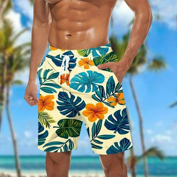 ZRGHAOYLQ Mens Shorts Clearance,Summer Plus Size Hawaiian Beach Shorts Casual Lightweight Drawstring Short Pants Trendy Palm Leaf Print Board Shorts Big and Tall 5 Inch Shorts with Pockets